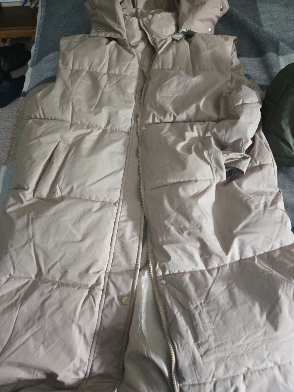 Tan trench coat puffer vest